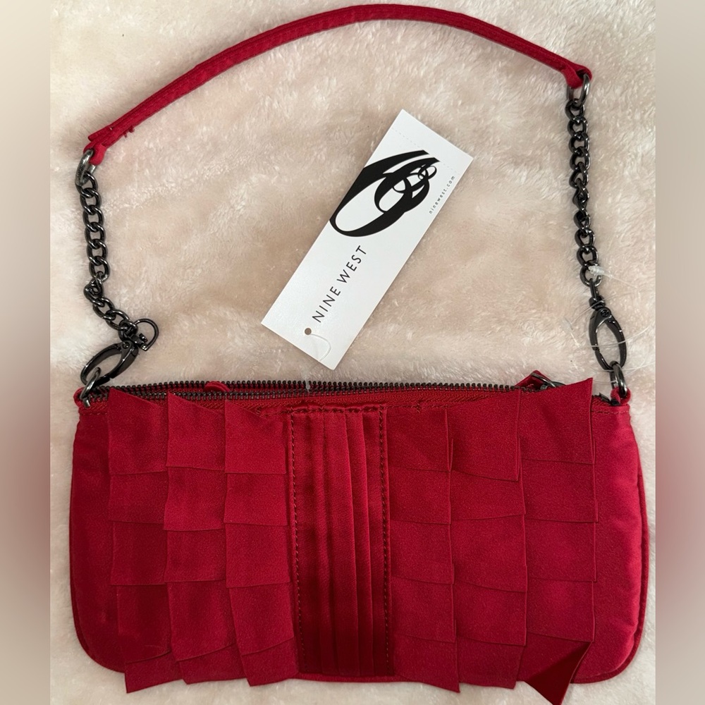 Vibrant Nine West Red Satin Ruffle Shoulder Bag Purse Clutch W Chain Strap NWT!